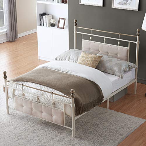 O&K Furniture Ivory-White Modern Metal Platform Bed Frame with Elegant Upholstered Headboard and Footboard, Noise Free (Full Size)