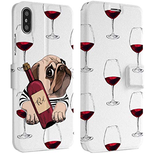 Wonder Wild Wine Pug IPhone Wallet Case 10 X/Xs Xs Max Xr 7/8 Plus 6/6s Plus Card Holder Accessories Smart Flip Hard Design Protection Cover Animals Alcohol Glass Sommelier Cute Funny Red Bottle