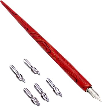 Amazon Co Jp Hillento 木製 カリグラフィー ディップペン 木製 英語 カリグラフィー ペン 銅プレート スクリプト 斜めディップペンホルダー 5種類のペン先付き レッド 文房具 オフィス用品