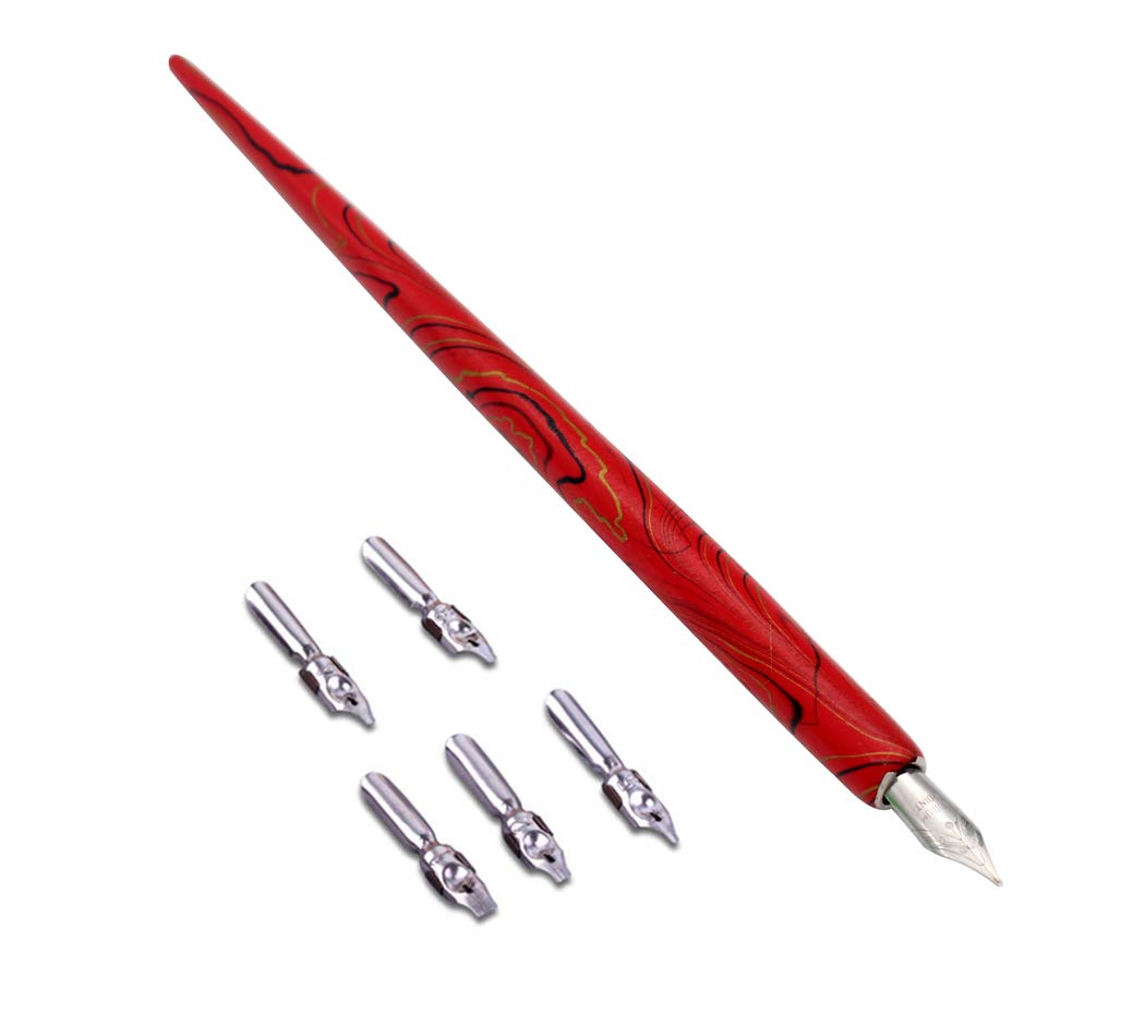 Hillento Wooden Calligraphy Dip Pen, Wood English Calligraphy Pen Copperplate Script Oblique Dip Pen Holder with 5 Different Nibs, Red