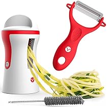 Vremi Spiralizer Vegetable Slicer - Handheld Spiralizer Peeler Set - 3 Blade Hand Spiral Slicer Apple or Zucchini Spaghetti Maker - Stainless Steel Mandoline Slicer for Potatoes - Red and White
