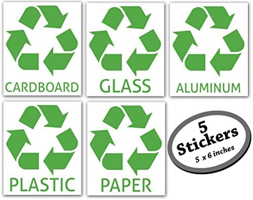 5 pack Recycle Sticker with labels for recycling glass, plastic, paper, cardboard, and aluminum on any color (green, white, blue) bin or container
