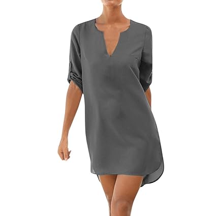 VEMOW Sommer Herbst Elegante Damen Frauen Casual Solid 1/2 Sleeved V-Ausschnitt Tagesgeschäft Workout Strand Lace-up Tasche u
