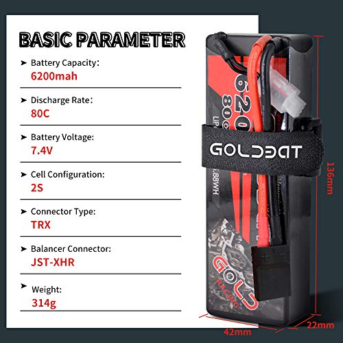 GOLDBAT 7.4V LiPo Batterie 2S 80C 6200mAh RC Batterie Hard Case Compatible with TR X Stecker für RC Car, Auto Evader BX… – Bild 4