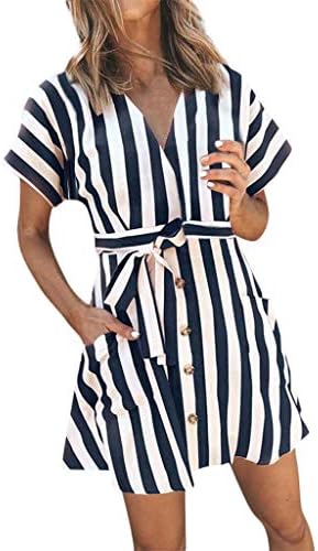 Clearance! Womens Tunic Tops 2019 Spring Short Sleeve V Neck Striped Pockets Button Blouse Mini Dress With Belt