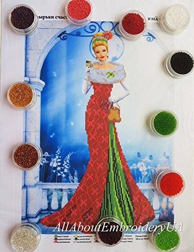 image for AllAboutEmbroideryUA Bead Embroidery kit, Lady in Red, Needlepoint, Pr