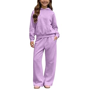 AOREUGL Girls Sweatsuit Hoodie Set Loose Pullover Wide Leg Pants | hooded pullover with front pocket, wide leg sweatpants wit