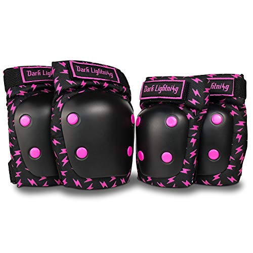 Dark Lighting Knee Pads and Elbow Pads for Kids 5-8,Boy and Girls MTB/Scooter/Skateboard/Roller 2 in 1 Protective Gear Set(Pink Lightning, S)