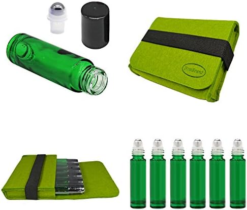 Refillable 10ML Rollon Bottle Set Stainless Steel Roller Ball Include 6 Piece Roller Ball Bottle Portbale Case and Patent Oil Key Tool (10ML, Green)