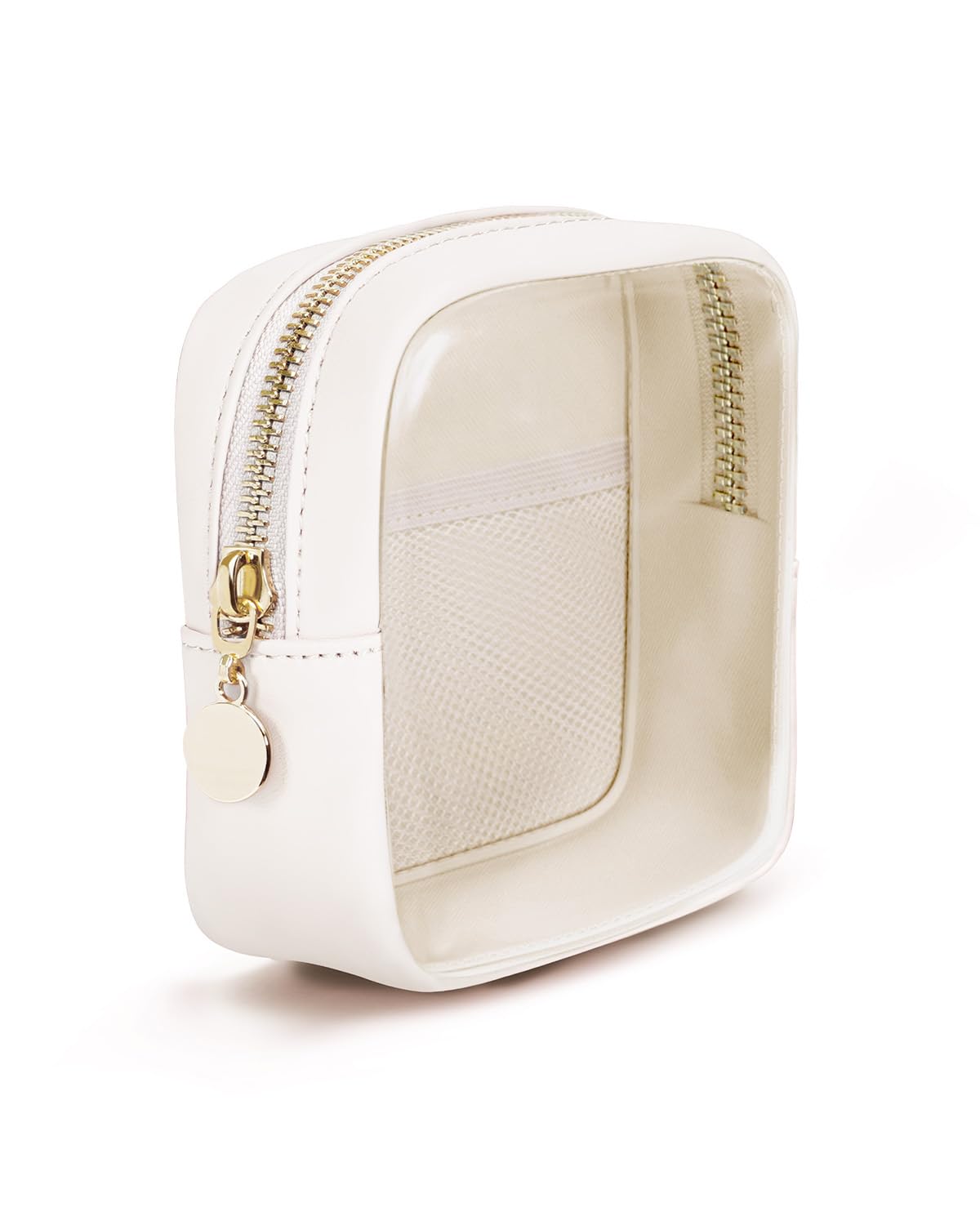 Small Makeup Bag for Handbag Clear Mini Makeup Bag Water-Resistant Vegan Leather Cosmetic Pouch with Slip-in Pocket for Daily Use Travel, Milky White (Patent Pending) — image 1