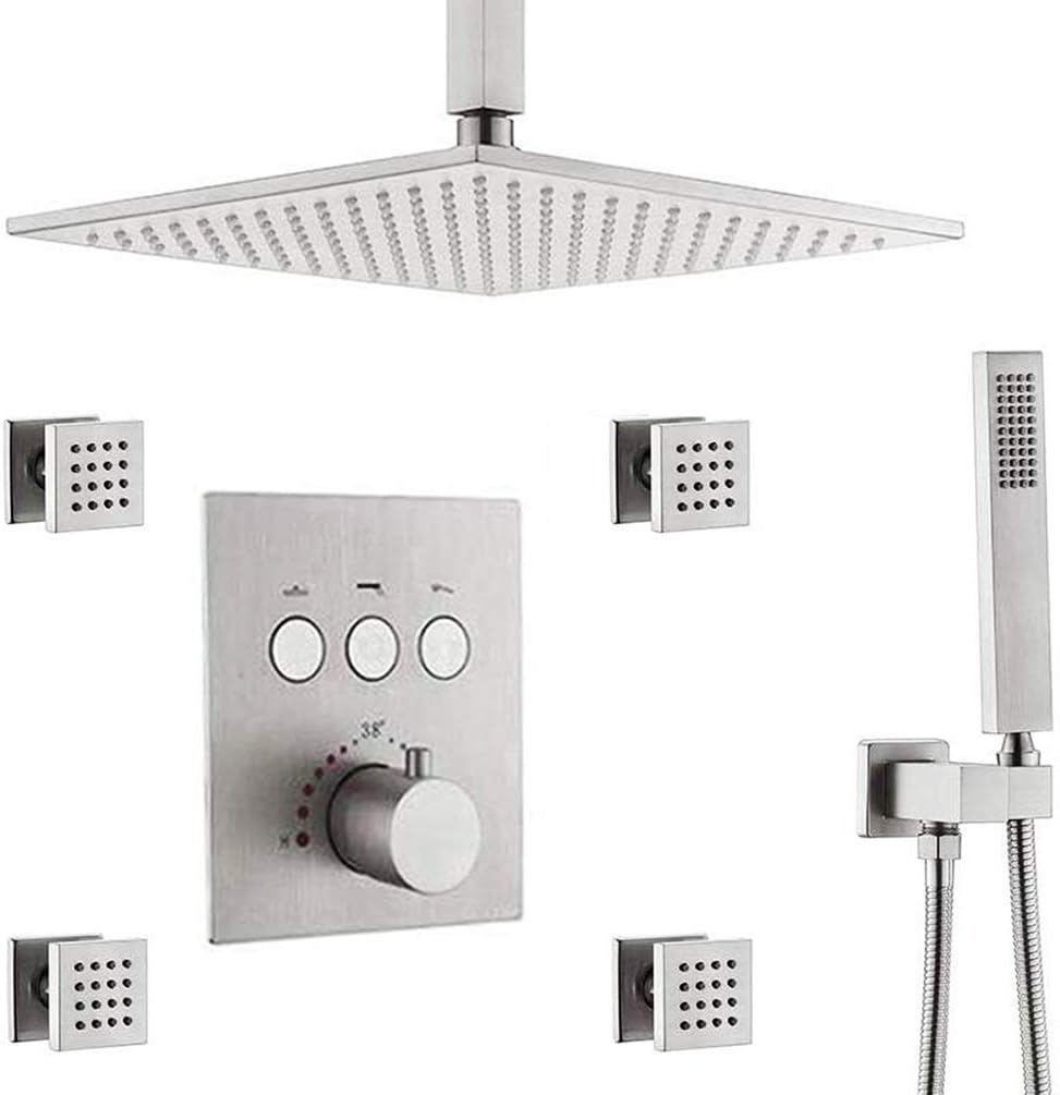 12Inch Brushed Nickel Rain Shower System with Body Spray Jets and Handheld Thermostatic Mixer Bathroom Brass Shower Fixture Set