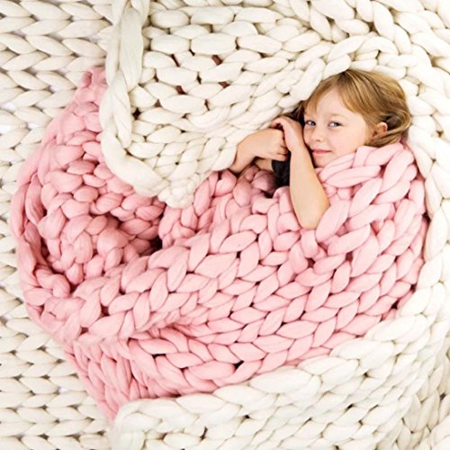 Clearance Yarn Blanket,80x100cm Hand Chunky Knitted Blanket Thick Wool Bulky Knit Throw for Sofa Bed (Pink) - Thumbnail 4