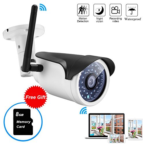 Mbangde Wireless WIFI Weatherproof 720P 1.0MP P2P IP Outdoor Bullet Camera Home Security Surveillance with 36 IR Cut,Built-in 8G TF Card,Motion Detection Alert,65ft Night Vision Distance)
