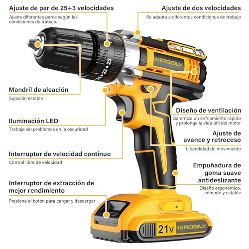 KIROGILY Taladro Inalámbrico, 3 en 1 Desarmador Electrico Inalambrico Con Kit de Herramientas, Ajuste de Par de 25+3 Atornillado/Taladrado/Impacto,para Reparaciones Domésticas y Tareas Profesionales