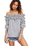 Floerns Women's Long Sleeve Striped Ruffle Off Shoulder Top Blouse