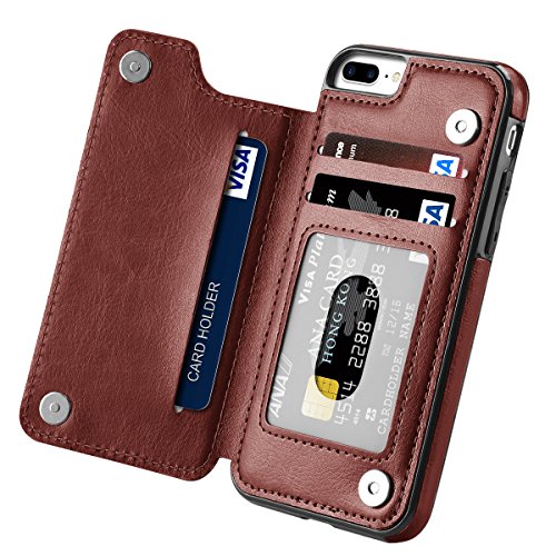 iPhone 7 Plus Case, iPhone 8 Plus Case, Hoofur Slim Fit Premium Leather Wallet Casae Card Slots Shockproof Folio Flip Protective Defender Shell for Apple iPhone 7 Plus (5.5 Inch) (Brown)