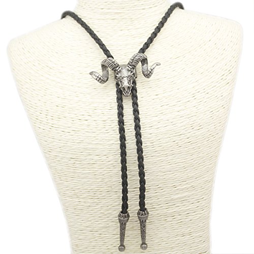 RechicGu Vintage Silver Western Big Horn Sheep RAM Head Goat Skull Leather Rodeo Bolo Bola Tie Necktie
