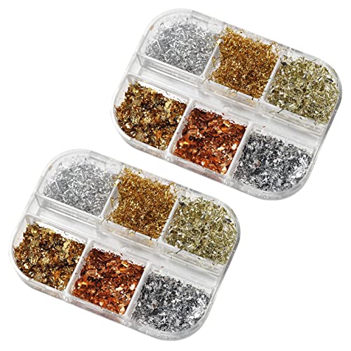 2 Boxes 6 Grids Metallic Foil Flakes Imitation Gold Foil Flakes Nail Art Foil Flakes Glitter Flakes Nail Foil Glitters Foiled Flakes for Nail Art Resin Art Jewelry Making Painting DIY Crafts