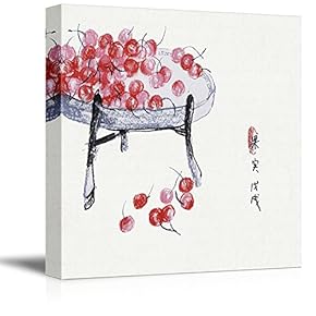 Square Watercolor Style Chinese Painting of Red Cherries...