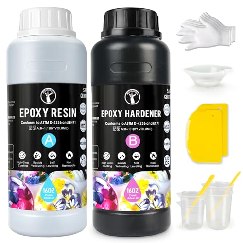 ResinAngel 32oz Epoxy Resin Kit - Easy Mix 1:1 Ratio Crystal Clear Epoxy Resin Self Leveling No Yellowing No Bubble Casting Resin for Art Crafts, Jewelry Making, Wood & Resin Molds