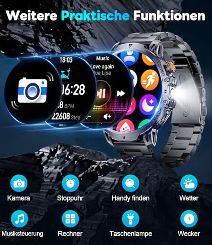 LIGE Military Smartwatch Men - 1000 mAh/1.85 Inch HD Large Touch Screen/LED Light, Fitness Watch with 110+ Sports Modes, Heart/Sleep Tracking, 2 Bracelets, IP68 Waterproof, Sports Watch for iOS/Android, Black