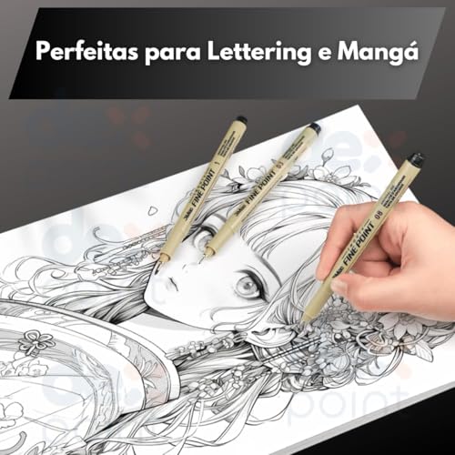 Kit 12 Canetas Nanquim Profissional para Desenho, Ilustração, Mangá e Line Art Desenho Técnico Artístico Lettering Brush Projetos Sakura Caligrafia Preto Premium