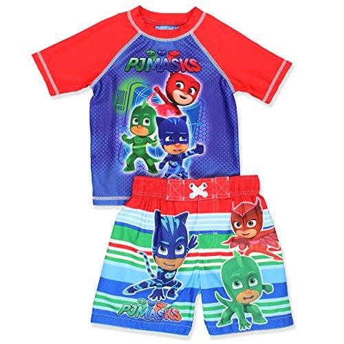 PJ Masks Boys Swim Trunks and Rash Guard Set (2T, Red/Blue)