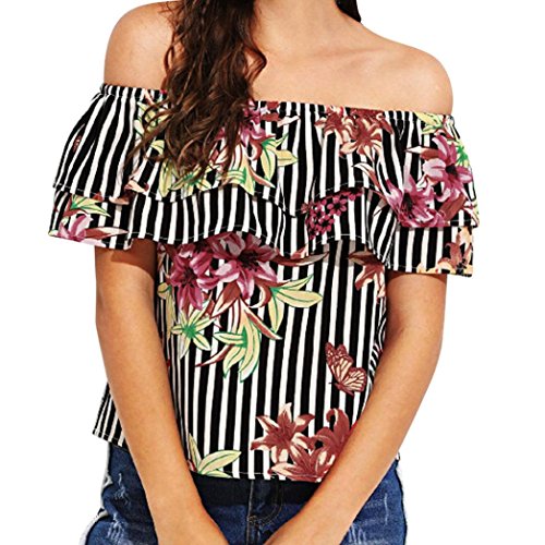 Click Here to See More Images NREALY Women's Summer Flora Print Off The Shoulder Crop T-Shirt Tunic Tops Blouse(Medium, Black)