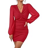 Fisoew Women's V Neck Party Dresses Slim Fitted Long Sleeve Twist Knot Ribbed Mini Club Bodycon Dress