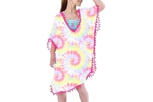 Funnycokid Girls Swimsuit Cover Ups Kids Beach Bathing Suit Coverup Swim Cover Wraps with Pom Pom Trim 3-12 Years