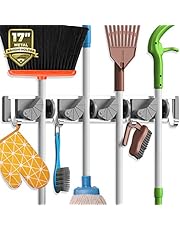 Holikme Mop Broom Holder Wall Mount Metal Pantry Organization and Storage Garden Kitchen Tool Organizer Wall Hanger for Home Goods (4 Positions with 4 Hooks, Silver)