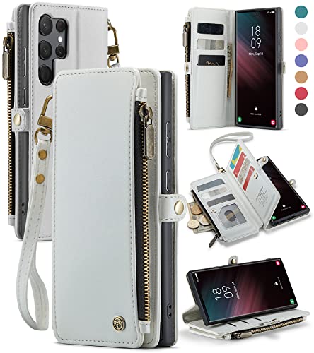 Defencase Compatible with Samsung Galaxy S23 Ultra Case Wallet with Card Holder for Women Men, PU Leather Magnetic Snap Flip Zipper Strap Phone Case Fit for Galaxy S23 Ultra 5G, White