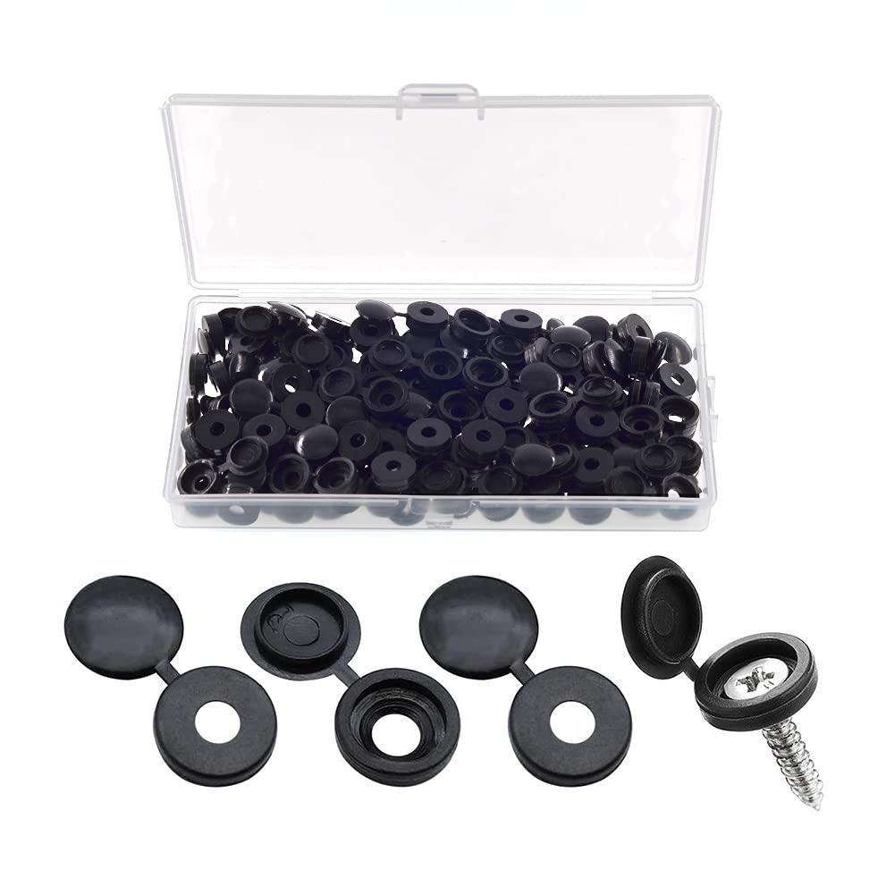 YIXISI 100 PCS Plastic Hinged Screw Cover Caps, Fold Screw Snap Covers Washer Flip Tops for Number 6/8 Screws, Self-Tapping Screw Decorative Covers for Furniture, Cabinet, Cupboard, Shelf, Black