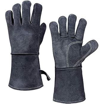 932°F Leather Heat Resistant Forge Welding Gloves Grill BBQ Glove with Flame Retardant Long Sleeve and Insulated Cotton for Men and Women (Gray,14-inch)