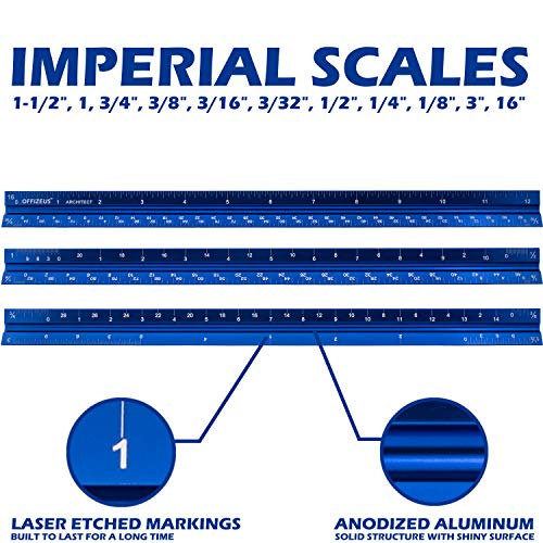 Architectural Scale Ruler 12" - Professional Grade Triangle Metal Design - Aluminum Imperial Laser Etched Scales - for Architects, Drafting, Blueprints, Engineering - Makes A Great Gift for Architect - Thumbnail 2