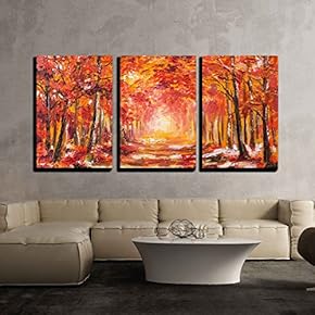 3 Piece Canvas Wall Art - Oil Painting Landscape - Colorful Autumn Forest - Modern Home Art Stretched and Framed Ready to Hang - 16"x24"x3 Panels
