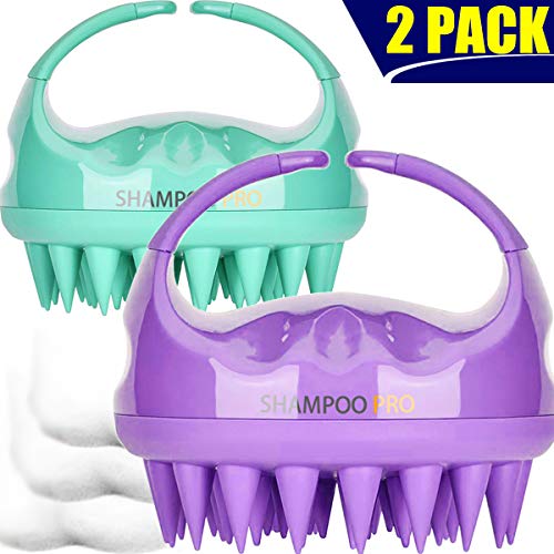 Shampoo Brush, 2 Pack Hair Scalp Massager Shampoo Brush [ 2020 Upgraded Version ] with Easy Handle for Women, Men, Kids, Wife, Girlfriend, Daughter, Pet Dogs (Natural Green, Noble Purple)