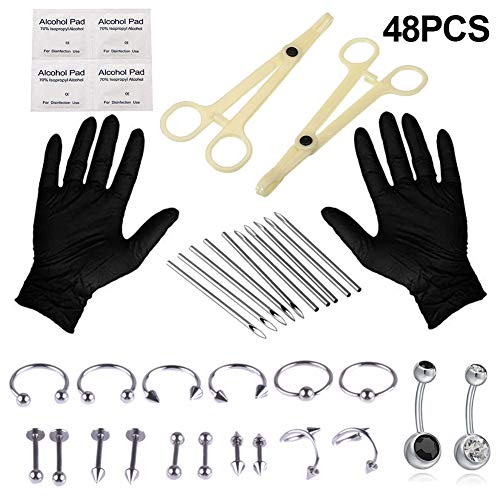 WZPB 48Pcs Professional Piercing Kit Surgical Steel Piercing Jewelry 14G 16G 18G Piercing Needles Disposable Piercing Clamps for Nose Lip Eyebrow Belly Tongue Piercing - Thumbnail 7