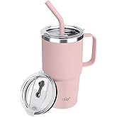 Sursip Insulated Coffee Mug with Handle and Lid, 24 oz Double Wall Vacuum Travel Thermal Coffee Tumbler with Straw for Home, Office Stainless Steel Coffee Cup - Leak proof, BPA Free (Pink-1 Pack)