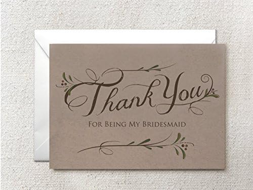 5 Pack - Bridesmaid Thank You Cards (4), Maid of Honor Thank You Card (1) - Assortment Pack of 5 - Kraft Cards Includes White Envelopes