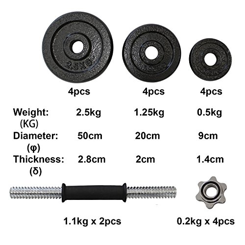 Todeco-Juego-de-Mancuernas-Juego-de-Pesas-Ajustable-Material-de-la-barra-Acero-cromado-Material-de-la-manija-Goma-natural-Negro-20-kg-Hierro-fundido-con-estuche-negro