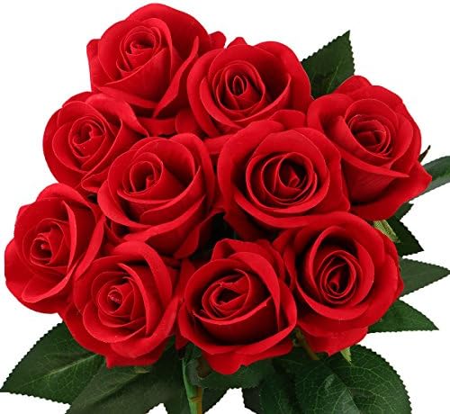 Artificial Rose Flowers,Fake Silk Bouquet for Wedding Party Baby Shower Home Decor DIY,Pack of 10 (10, Red)