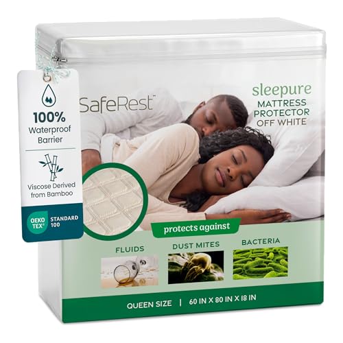 SafeRest Waterproof Queen Size Mattress Protector - Viscose Derived from Bamboo - Fitted with Stretchable Pockets - Machine Washable Viscose Blend Mattress Cover for Bed
