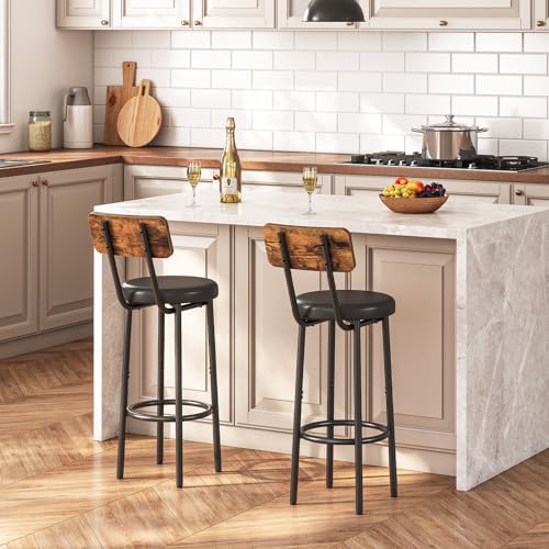 HOOBRO Round Bar Stools, Round High Bar Chairs Set of 2 with Back, Kitchen Counter Height Stools for Kitchen Island, Dining Room, High Stool Chairs with Footrest, Rustic Brown and Black EBF31BY01G2
