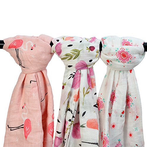 Bamboo Muslin Baby Blanket - 3 Pack 47x47inches Floral & Flamingo Print Baby Blanket Girls, Large Soft Baby Swaddle Blanket Baby Wrap Muslin Cloths, Perfect Baby Shower Gifts(Flamingo & Floral)