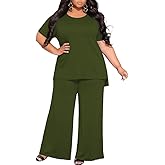 TOPSRANI Womens Plus Size Lounge Set V-Neck 2 Piece Outfits Sweatsuits Tracksuit Short Sleeve Baggy Wide Leg Pant Sets