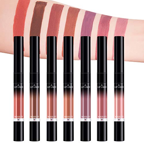 7 Colors Matte Liquid Lipstick Lip Liner Pencil Set Double End Matte Liquid Lipgloss and Lipliner Set Waterproof Lip Gloss Non-Stick Cup Long Lasting Cosmetics Lip Stick Professional Lip Makeup Kit