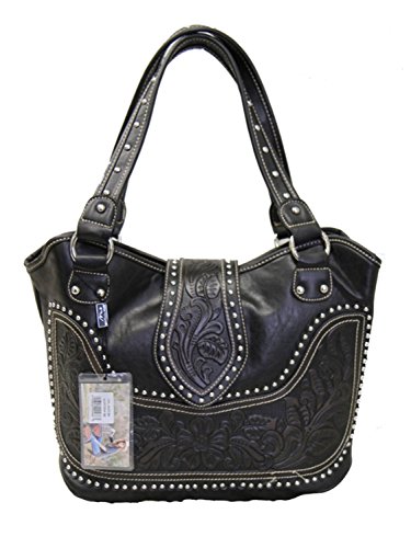 Montana West Ladies Concealed Gun Handbag Tooled Genuine Leather Black, Large