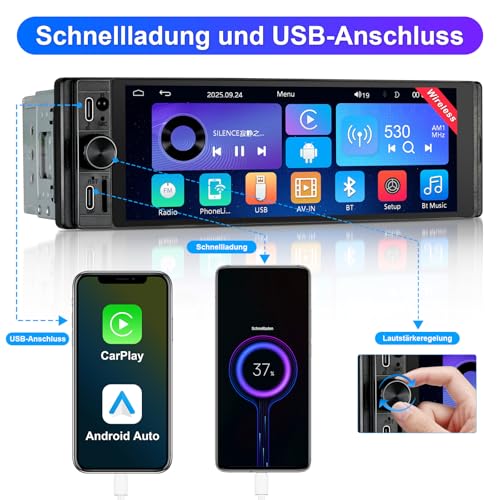 1 DIN Radio Compatible with Wireless CarPlay & Android Car, Car Radio 1Din with 6.28 Inch HD Screen, Navi, Bluetooth, AM/FM/RDS, TF, AUX, SWC