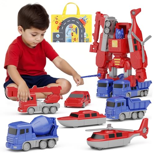 6-in-1 Transforming Robot Construction Vehicles for Kids – Magnetic STEM Toys Easy DIY Assembly, Educational Building Toy for Toddlers & Preschoolers
